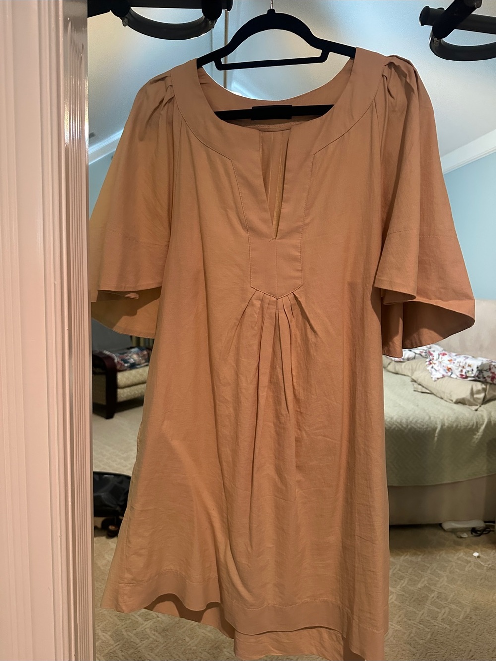 Pomander Place Tan Short Sleeve Midi Shift Dress